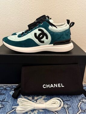 CHANEL Teal & Light Mint Suede Logo Runner Sneakers 38